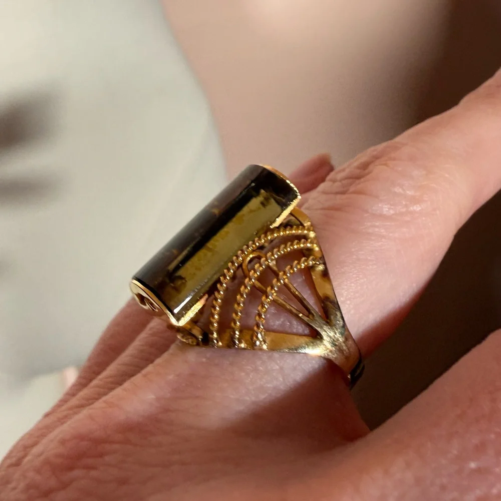Vintage art deco Smoky Quartz cabochon gold plated oversized cocktail Ring